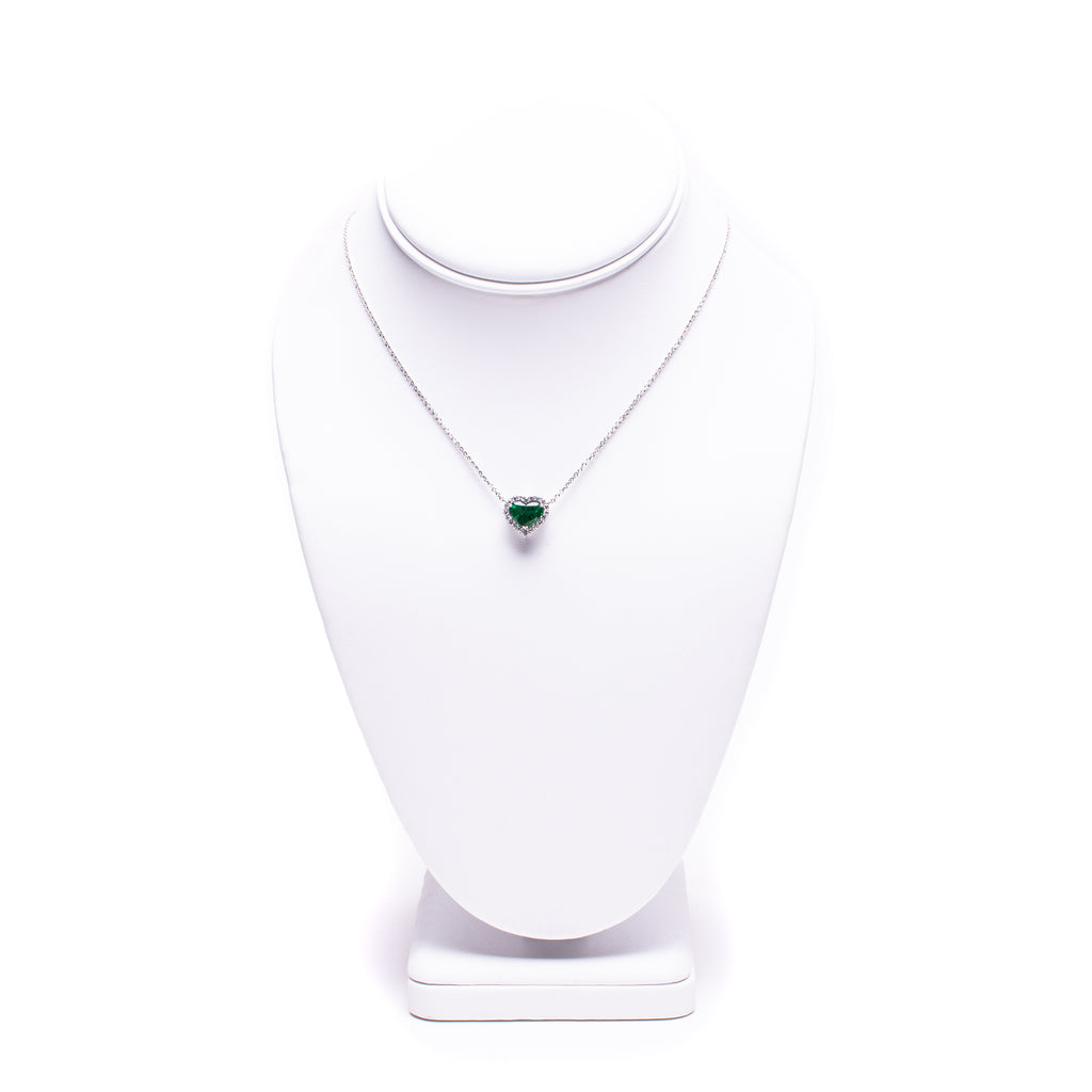 14 kt White Gold Heart-Shaped Emerald and Diamond Necklace