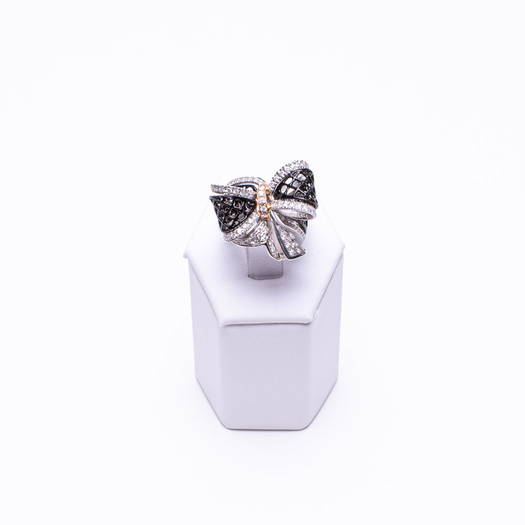 18 Kt White Gold & Black Enamel Ladies Natural Diamond, Unique Hand Made Bow Ring